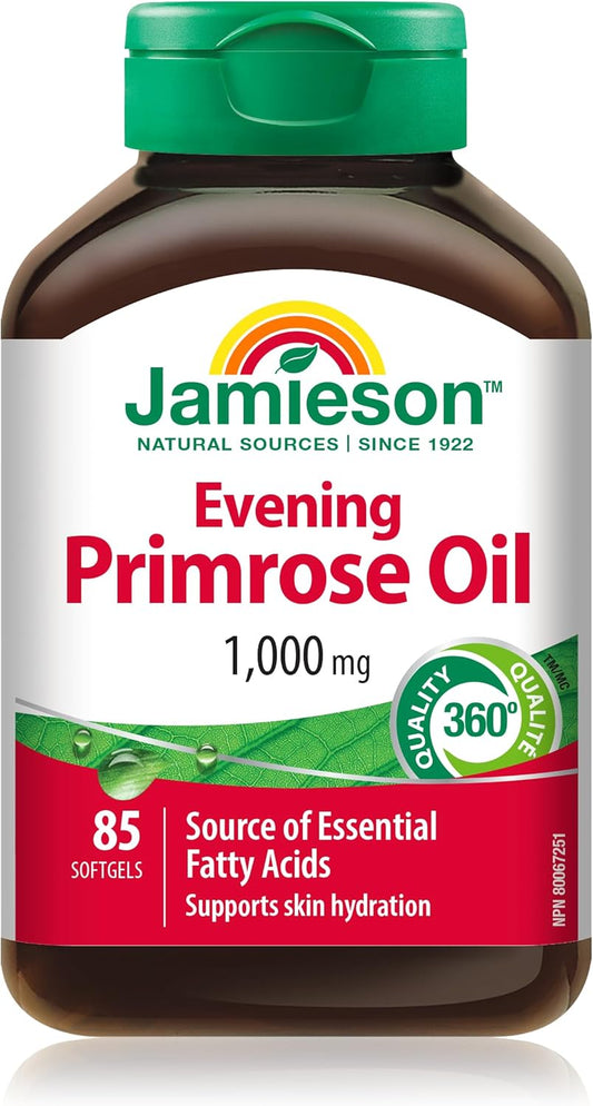 Jamieson Evening Primrose Oil 1,000 mg, Omega-6, Supports Skin Hydration, Skin Smoothness, Reduces Acne Symptoms, and Provides Ezcema Symptom Support. Non-GMO, Gluten-Free, 85 Softgels, Proudly Canadian