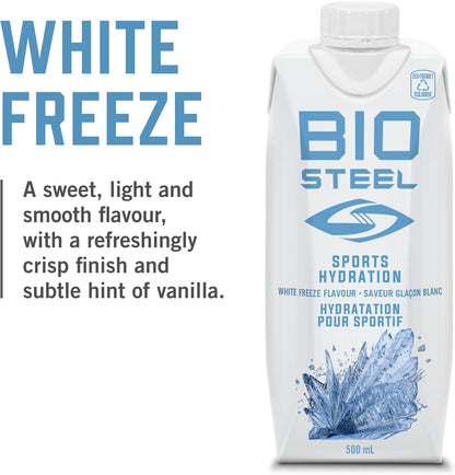 BioSteel Sports 加拿大制造无糖运动饮料 | White Freeze | 500毫升 12瓶装，含5种必需电解质，助您达到最佳补水效果