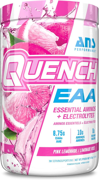 QUENCH EAA 氨基酸 + 電解質 - 9 種 EAA 的完整混合物 - 10 克總氨基酸 - 維生素、抗氧化劑、電解質 - 零糖、零碳水化合物、零卡路里（粉紅檸檬水）