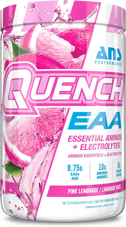 QUENCH EAA 氨基酸 + 電解質 - 9 種 EAA 的完整混合物 - 10 克總氨基酸 - 維生素、抗氧化劑、電解質 - 零糖、零碳水化合物、零卡路里（粉紅檸檬水）