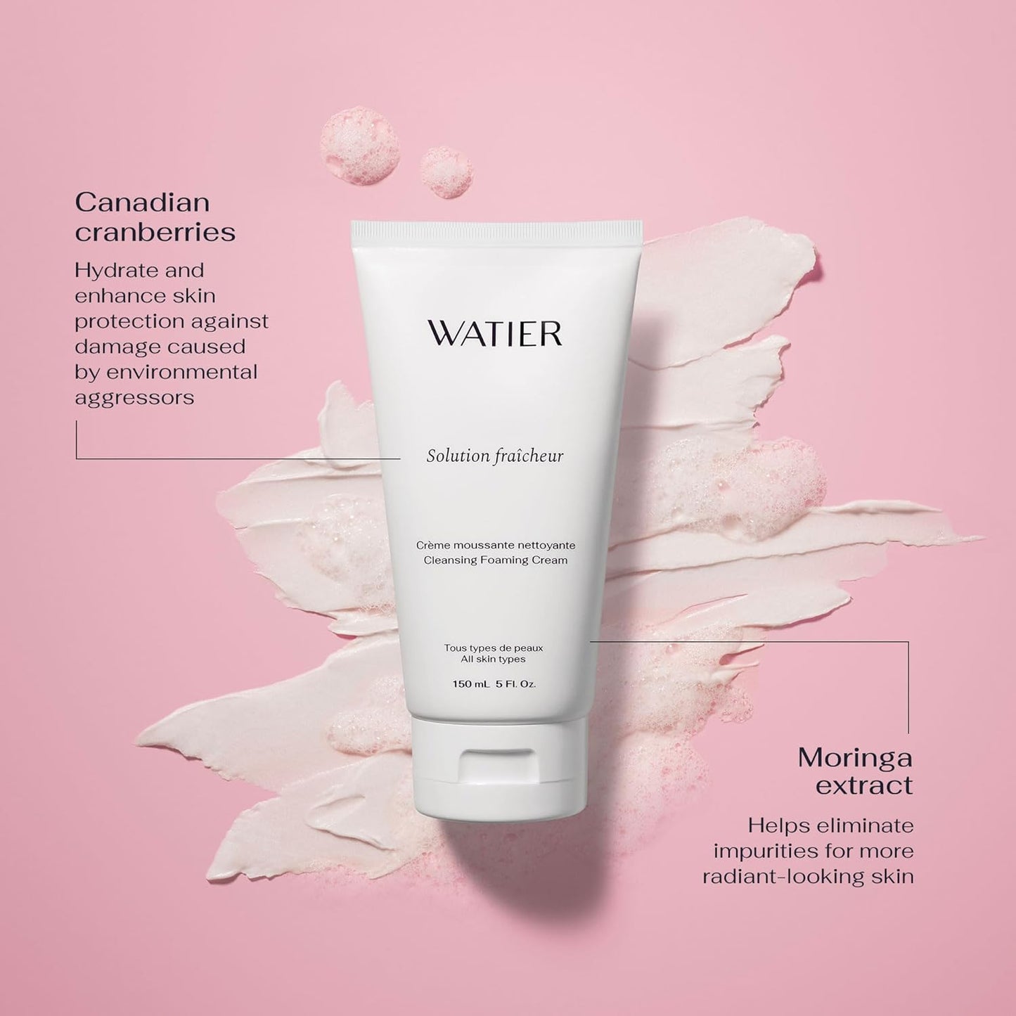 Watier Solution Fraîcheur Cleansing Foaming Cream, Cleanses, Purifies & Soothes, with Canadian Cranberries & Moringa Extract, Vegan, Paraben-Free, 150 mL