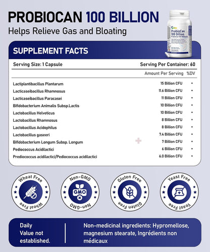 ALLBE ProbioCan 1000 亿 CFU - 含 11 种菌株的男性和女性每日益生菌 - 嗜酸乳杆菌和加氏乳杆菌 - 肠道健康和缓解腹胀 - 保质期长、纯素、非转基因 60 粒胶囊