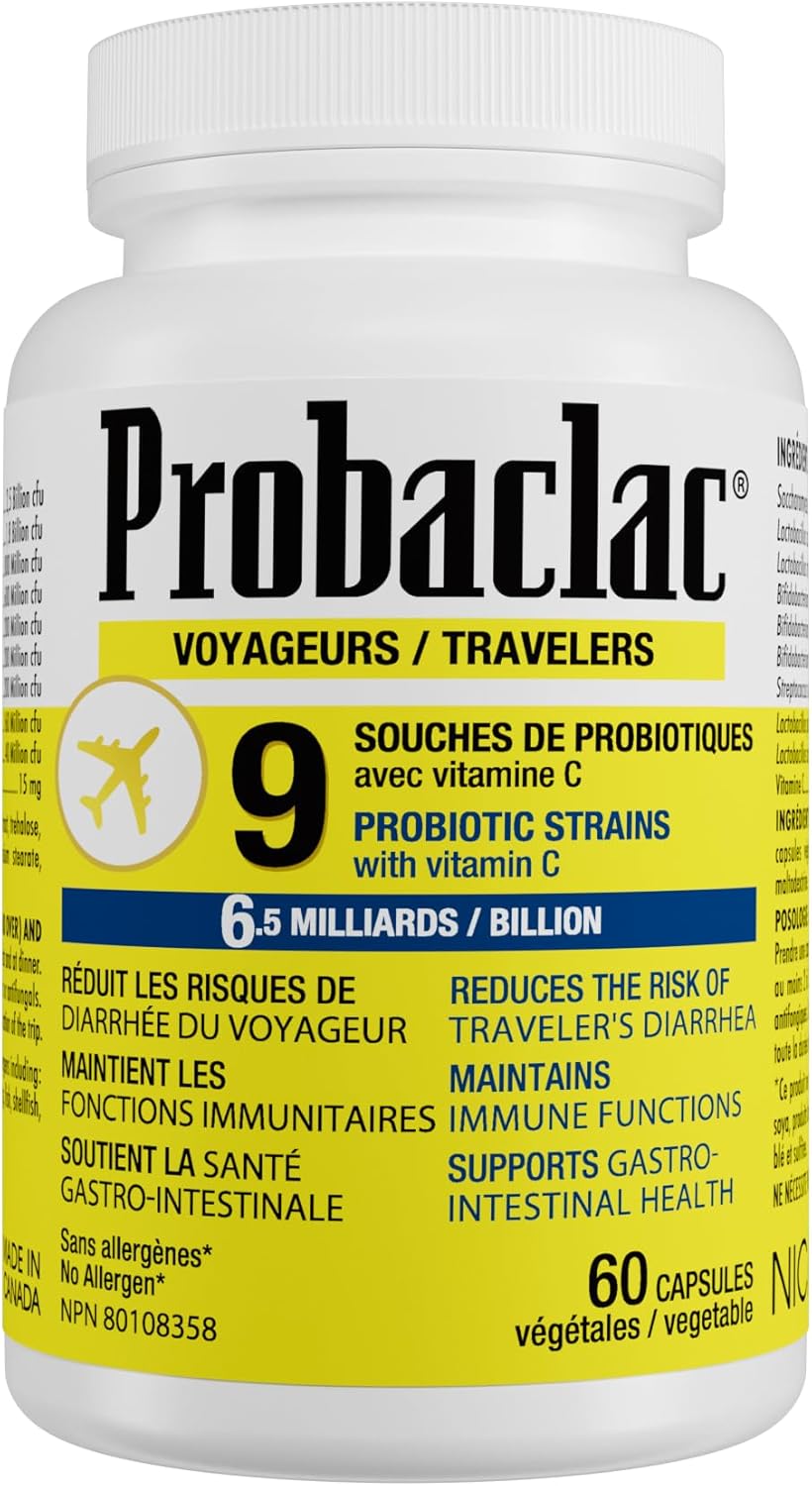Probaclac Travelers 益生菌可降低旅客腹瀉的風險，維持免疫功能，並有助於維護胃腸道健康。含有 65 億活性細胞（9 種菌株）（60 粒）