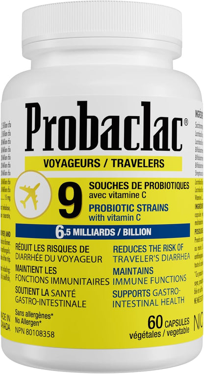 Probaclac Travelers 益生菌可降低旅客腹瀉的風險，維持免疫功能，並有助於維護胃腸道健康。含有 65 億活性細胞（9 種菌株）（60 粒）