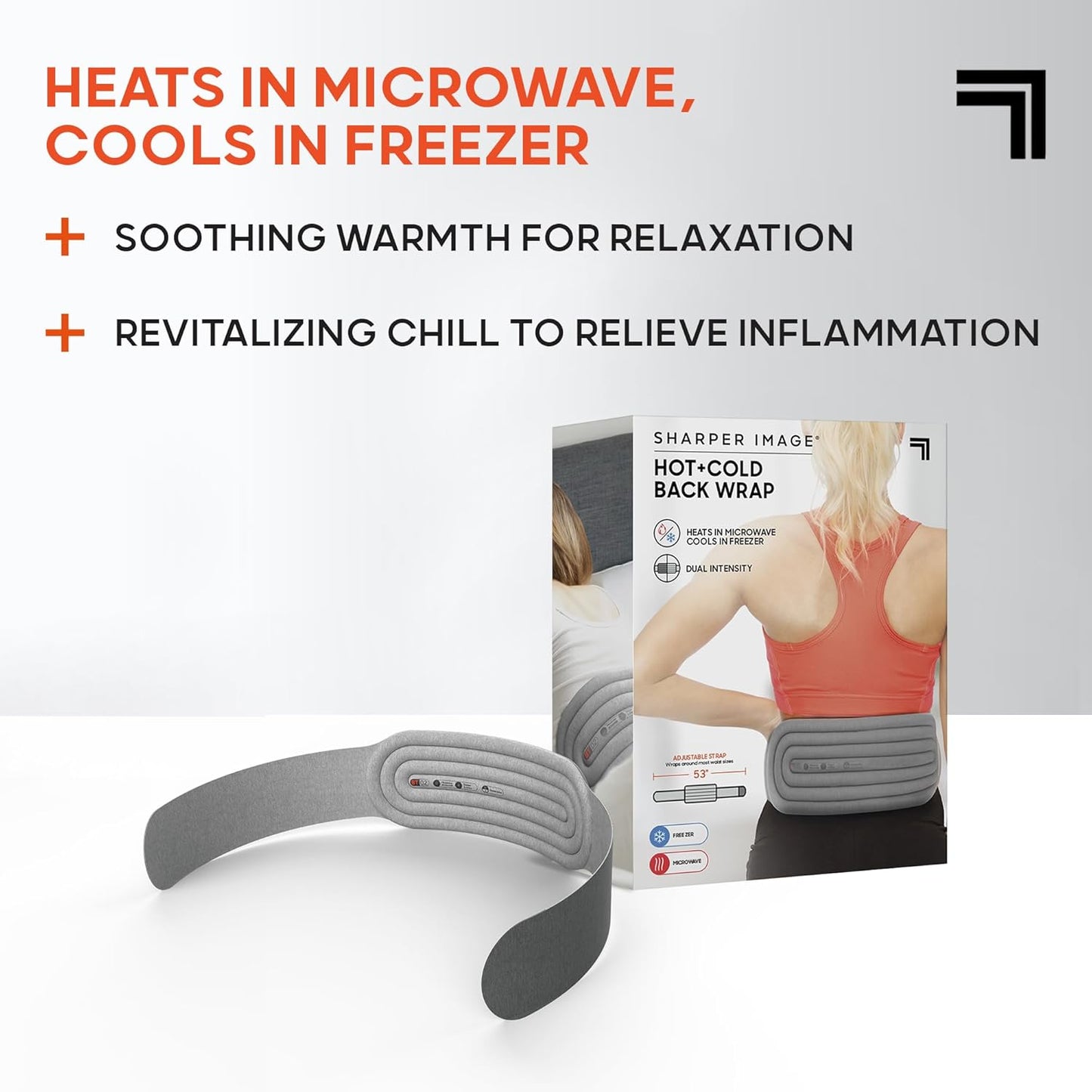 Sharper Image Hot + Cold Back Wrap, Dual Intensity Soft Fabric, 53" Length, Adjustable Comfort Fit, Soothing Heat & Revitalizing Cold Therapy, Workout Recovery Compression