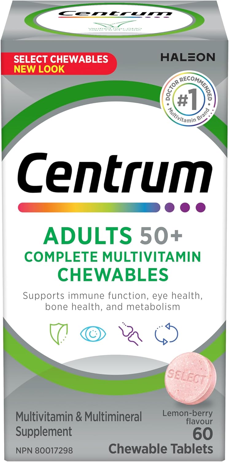 Centrum 成人精選基本複合維生素，適合 50 歲以上男性和女性，咀嚼片複合維生素/礦物質補充劑，檸檬漿果味，60 片咀嚼片（包裝可能有所不同）