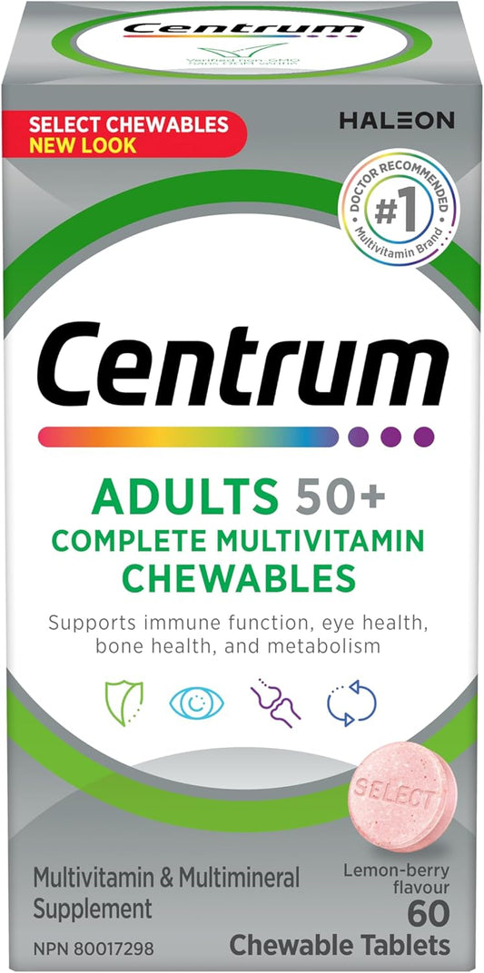 Centrum 成人精選基本複合維生素，適合 50 歲以上男性和女性，咀嚼片複合維生素/礦物質補充劑，檸檬漿果味，60 片咀嚼片（包裝可能有所不同）