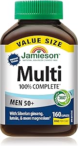 Jamieson 100% 複合維生素，適合 50 歲以上男性，含西伯利亞人參、葉黃素和更多鎂元素。支持免疫力、能量、整體健康、眼部護理和骨骼健康，無麩質，每日一片，160 粒膠囊