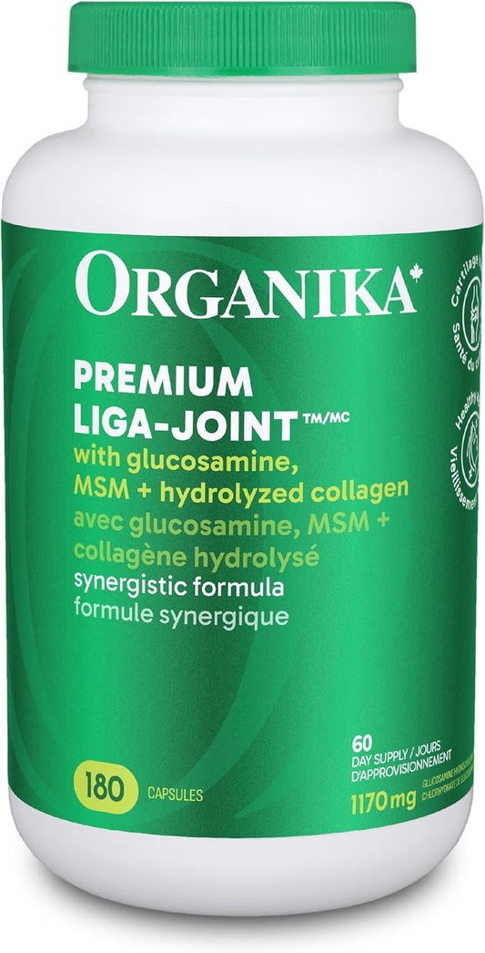 Organika 加拿大制造优质 Liga 关节胶囊 - 含 MSM、葡萄糖胺和 2 型胶原蛋白，用于关节和软骨支持 - 180 粒