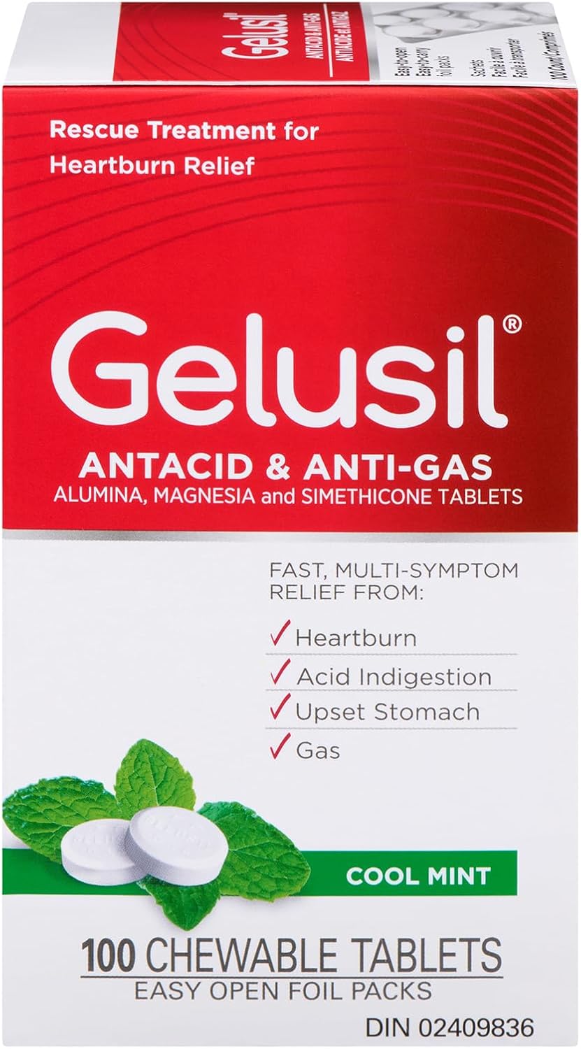 Gelusil® 抗酸咀嚼片 - 100 片，快速緩解胃部不適、胃灼熱、消化不良和脹氣，薄荷味
