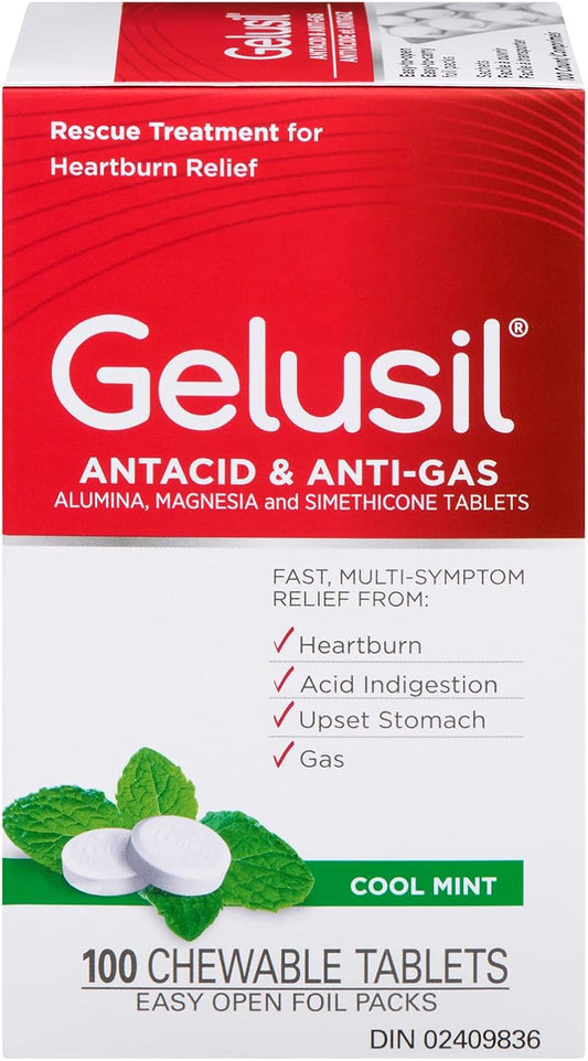 Gelusil® 抗酸咀嚼片 - 100 片，快速緩解胃部不適、胃灼熱、消化不良和脹氣，薄荷味