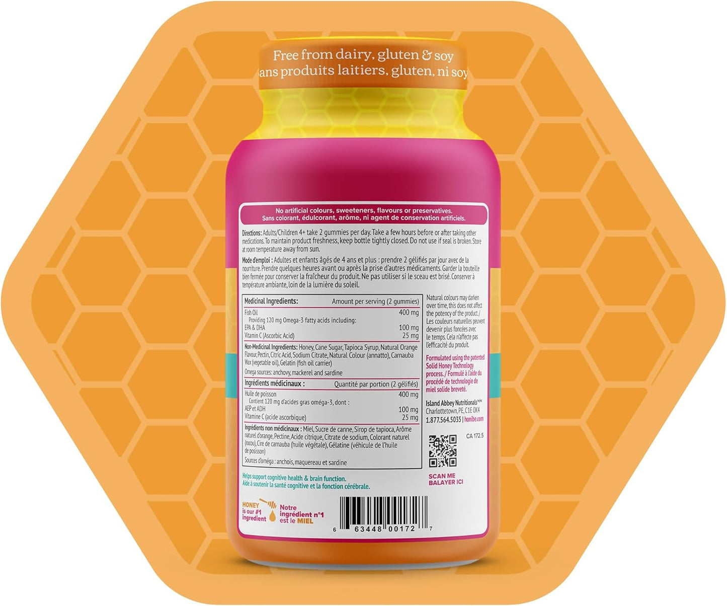 Honibe Omega 3 Gummies for Kids and Adults | Made in Canada | Supports Brain Health | Trusted Source of Omega-3 EPA & DHA Vitamins | Sustainably Sourced Fish Oil | No Fishy Taste | Omega 3 Fatty Acids | 60 Gummies