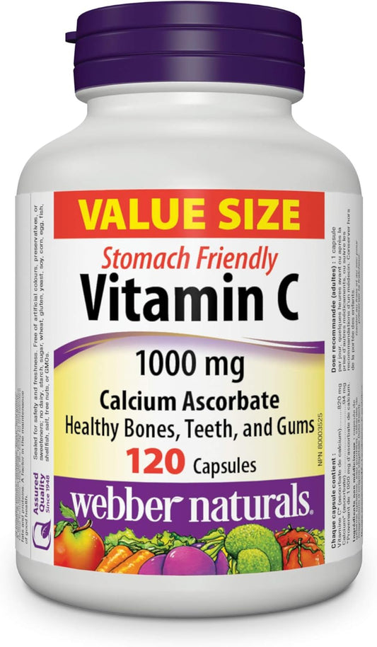 Webber Naturals Vitamin C Stomach Friendly 1000 mg, 120 Capsules, For Bones, Teeth, Immune and Antioxidant Health