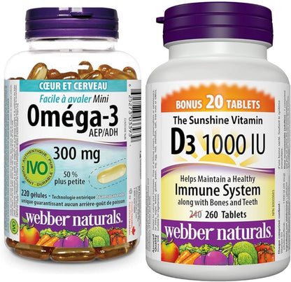 Webber Naturals Omega-3 300 毫克迷你装，220 粒透明肠溶无鱼腥味迷你软胶囊和维生素 D3 1000 IU，260 片，有助于骨骼和牙齿健康，维持身体健康