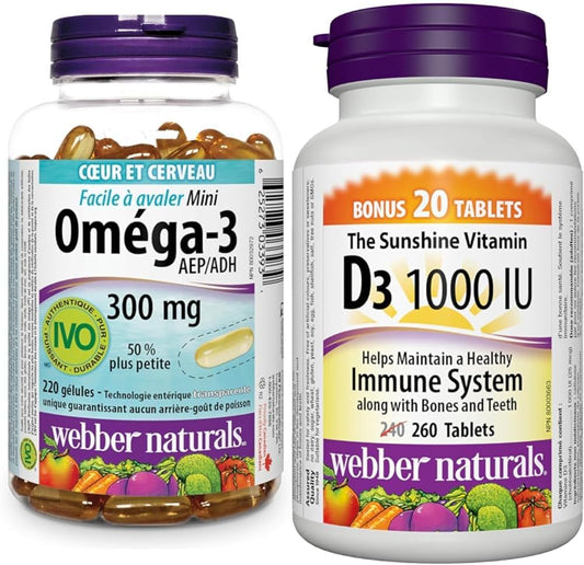 Webber Naturals Omega-3 300 毫克迷你裝，220 粒透明腸溶無魚腥味迷你軟膠囊和維生素 D3 1000 IU，260 片，有助於骨骼和牙齒健康，維持身體健康