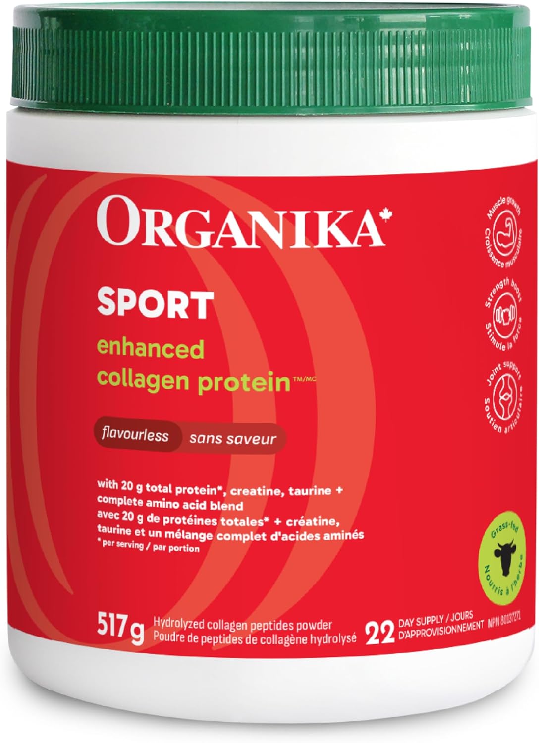 Organika Canadian-Made Enhanced Collagen Sport- 20g Collagen Protein + Creatine, Taurine, and Compete Amino Acid Profile- Promotes Muscle Growth, Strength, and Joint Health- Unflavoured- 517g