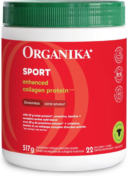 Organika Canadian-Made Enhanced Collagen Sport- 20g Collagen Protein + Creatine, Taurine, and Compete Amino Acid Profile- Promotes Muscle Growth, Strength, and Joint Health- Unflavoured- 517g