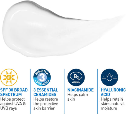 CeraVe Facial Moisturizer with SPF 30. Face Sunscreen Lotion with Hyaluronic Acid, Niacinamide & Ceramides for Women & Men. Oil-free, normal to dry skin. Verified Extended Use Date, Travel Size 89ML