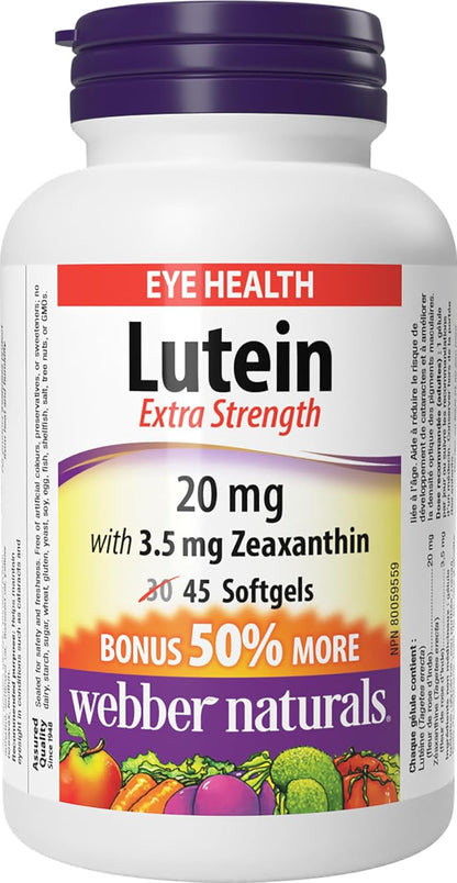 Webber Naturals 葉黃素 20 毫克，含玉米黃質，強效，45 粒軟膠囊，支持眼部健康