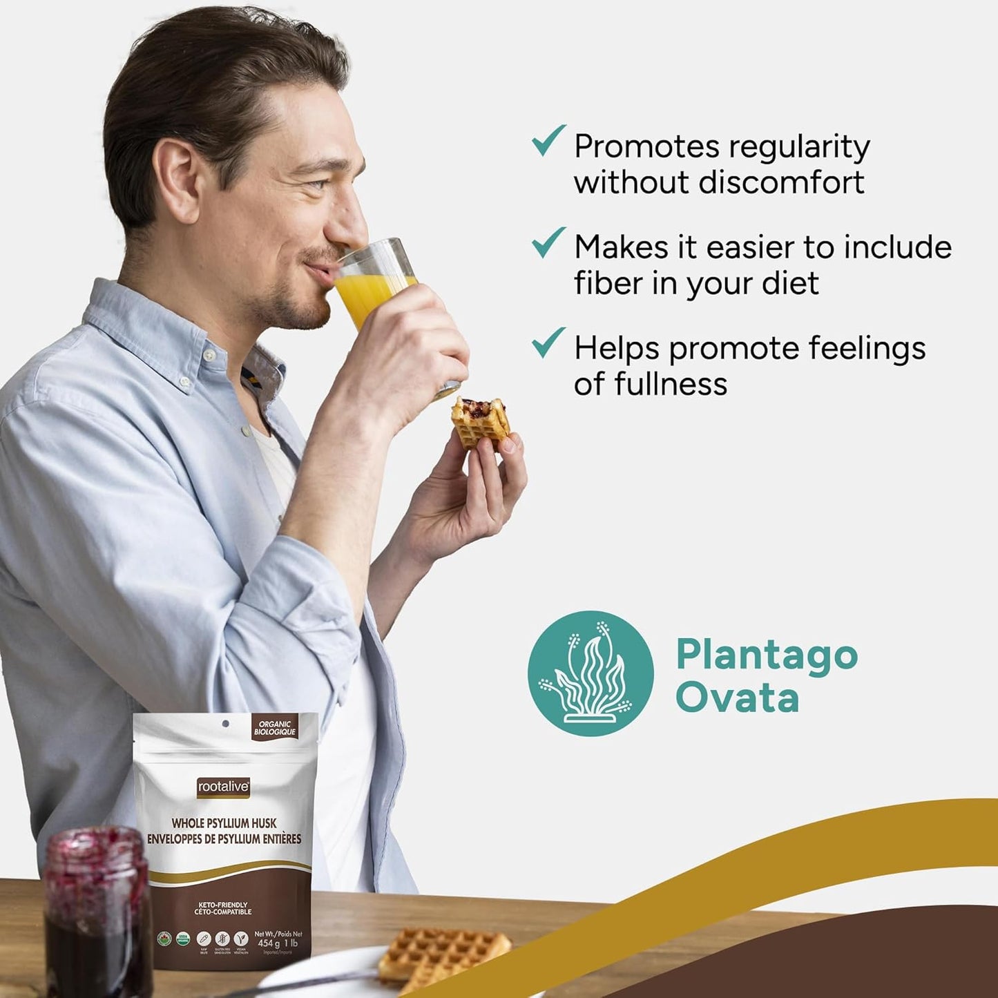 Rootalive Organic Whole Psyllium Husk 454g (1lb), Plant-Based Fibre for Digestive Support, Unflavored Superfood with Soluble & Insoluble Fibre, Vegan, Gluten-Free