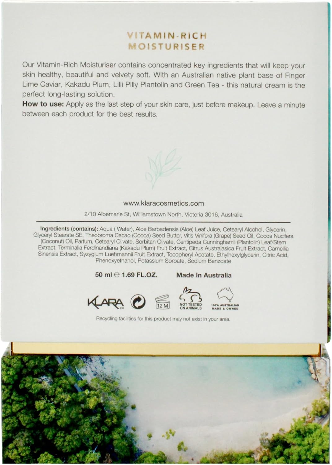 Klara Cosmetics Native Vitamin Rich Moisturizer - Facial Moisturizer with Green Tea and Lilli Pilli - Moisturizer Face Cream for Hydration - 50 ml