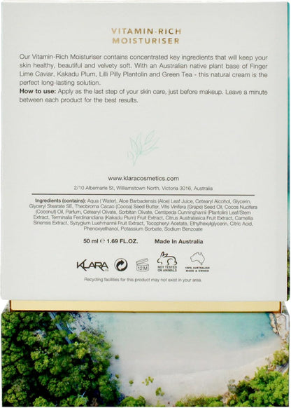 Klara Cosmetics Native Vitamin Rich Moisturizer - Facial Moisturizer with Green Tea and Lilli Pilli - Moisturizer Face Cream for Hydration - 50 ml
