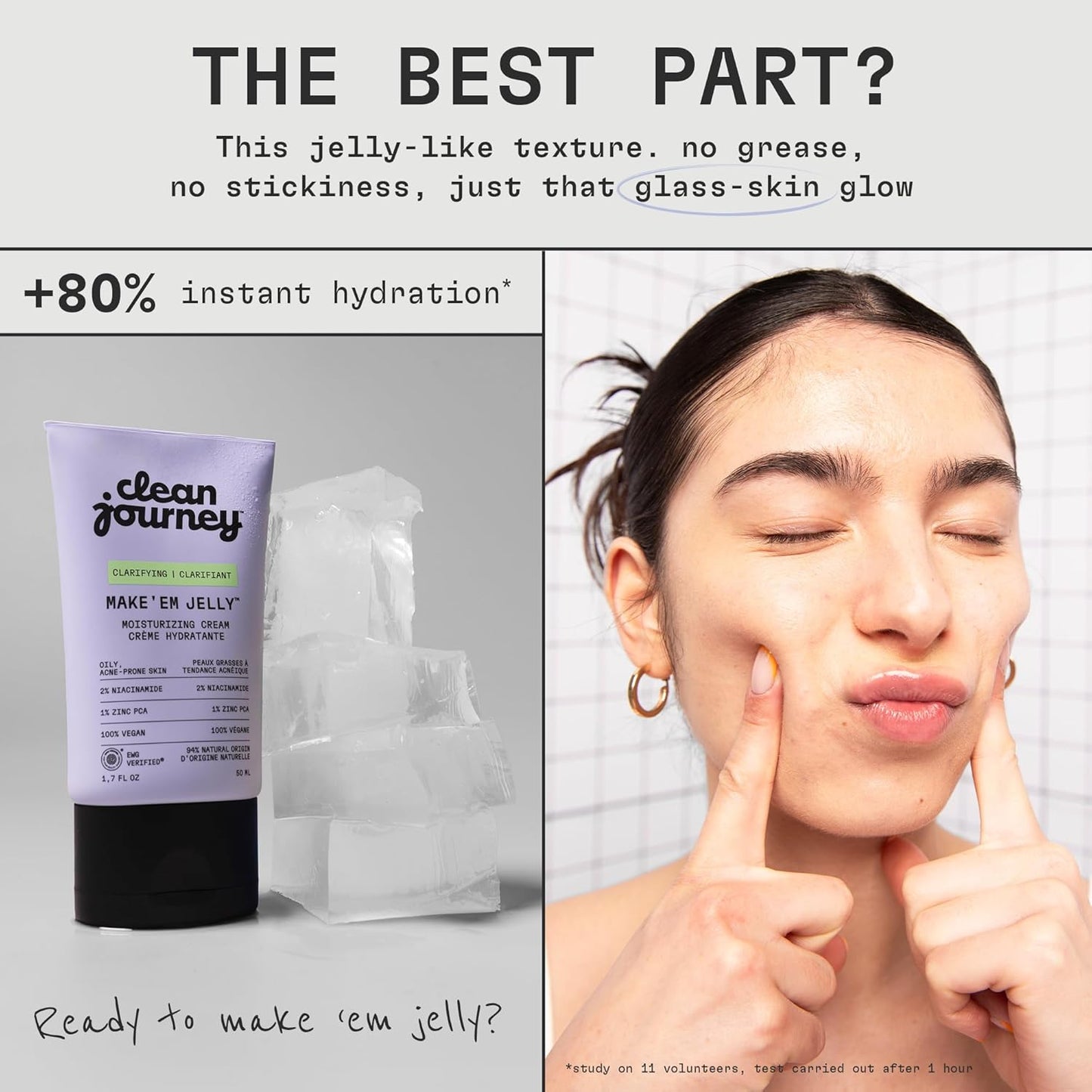cleanjourney 祛痘面部保湿霜，烟酰胺和锌 PCA，加拿大制造，焕活并抚平肌肤，轻盈凝胶面霜，经 EWG 认证，无香料，经皮肤科医生测试，50 毫升