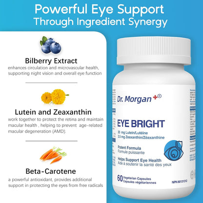 摩根博士 EYE BRIGHT 眼部補充劑，含越橘、葉黃素、玉米黃質和β-胡蘿蔔素 - 支持黃斑功能、夜視和抗氧化保護 - 60 粒膠囊