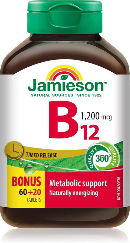 Jamieson 维生素 B12 甲钴胺 1200 微克片，缓释，快速起效，天然补充能量，促进新陈代谢。素食，非转基因，无麸质，80 片，加拿大制造