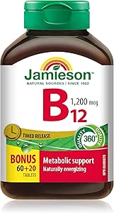 Jamieson 維生素 B12 甲鈷胺 1200 微克片，緩釋，快速起效，天然補充能量，促進新陳代謝。素食，非基因改造，無麩質，80 片，加拿大製造