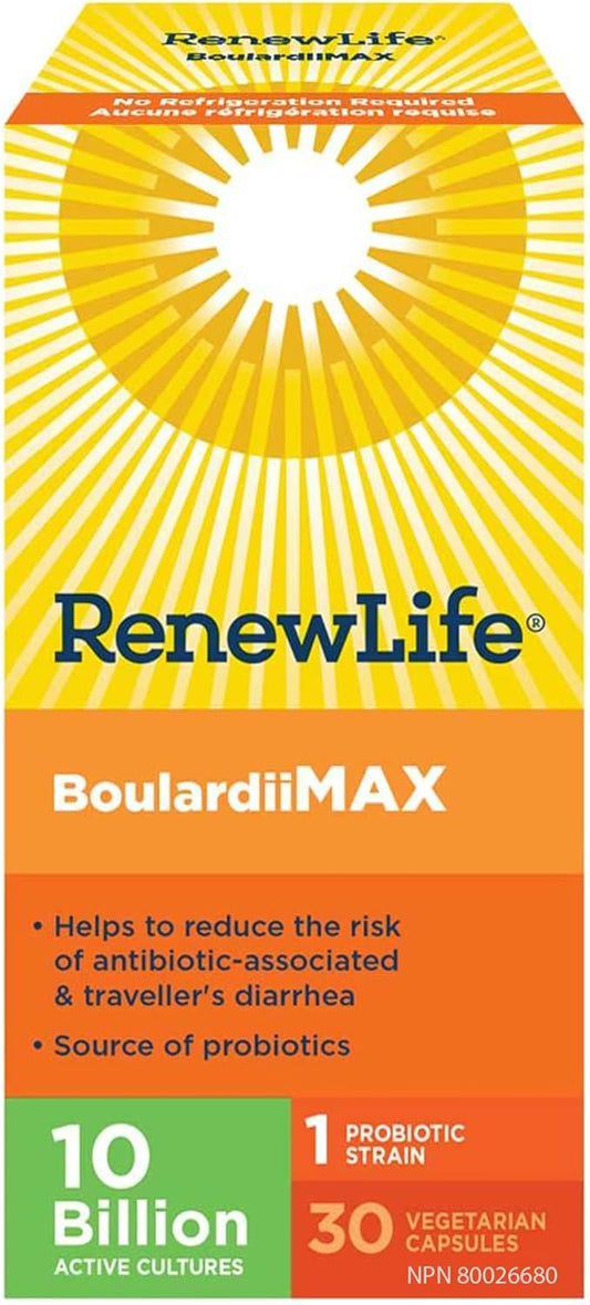 Renew Life BoulardiiMAX, Intestinal Targeting, Antibiotic-Associated Diarrhea, Travel Support Probiotic, 30 Vegetable Capsules, 1 Count