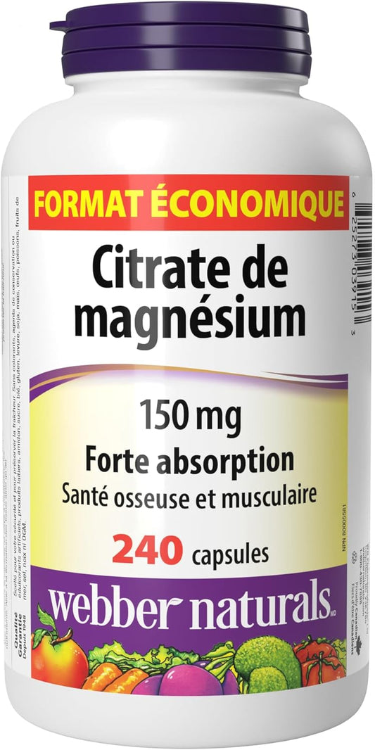 Webber Naturals Magnesium Citrate 150 mg, 240 Capsules, High Absorption Mineral, Supports Bone and Muscle Functions