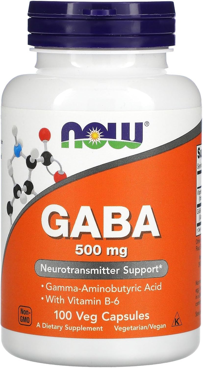 NOW Supplements，GABA（γ-氨基丁酸）500 毫克 + B-6，天然神經傳​​導物質，100 粒素食膠囊