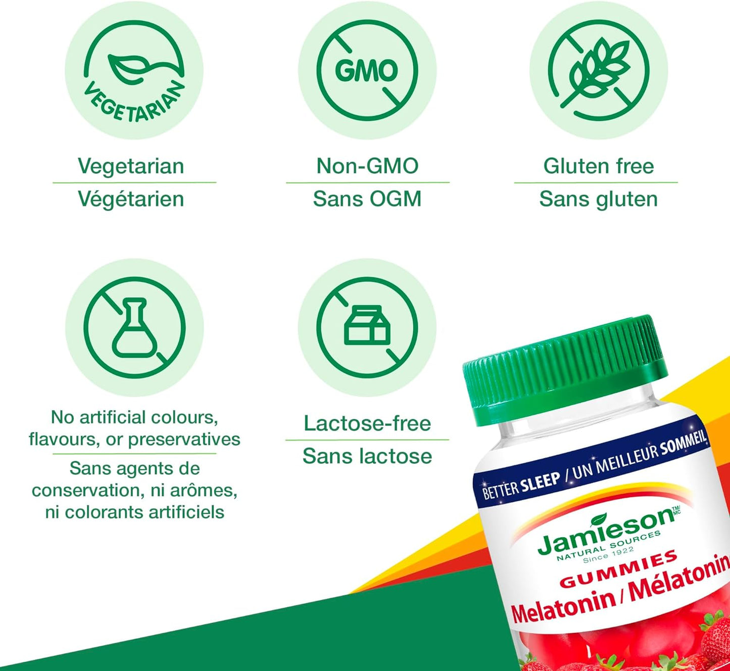 Jamieson 褪黑素 2.5 毫克軟糖，天然草莓風味，改善睡眠質量，延長睡眠時間，幫助重置睡眠-覺醒週期。素食，非基因改造，無麩質，不含人工香料、色素或防腐劑，60 粒裝，加拿大製造