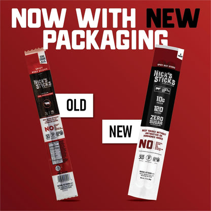Nick's Sticks Spicy 100% Grass-Fed Beef Snack Sticks - Gluten Free - No Antibiotics or Hormones (6 Packages of 2 Sticks)