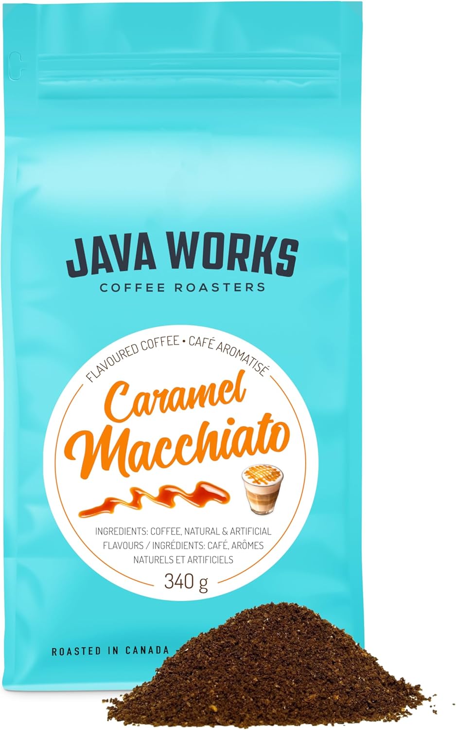 Java Works 咖啡焦糖玛奇朵风味咖啡 *研磨*，340 克（包装可能有所不同）