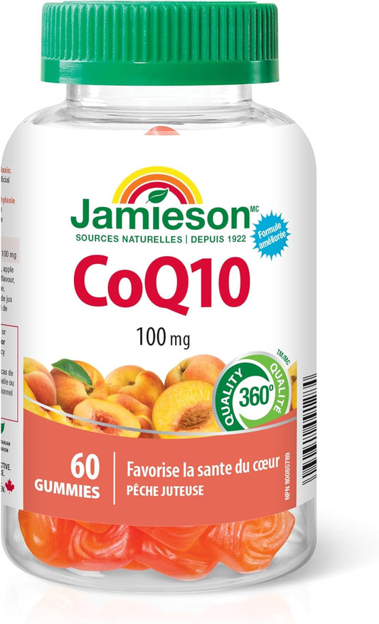 Jamieson 辅酶 Q10 100 毫克软糖，水蜜桃口味，辅酶 Q10，有益心脏健康，减少偏头痛发作频率。强效抗氧化，素食，无麸质，不含人工色素、香精或防腐剂，6…