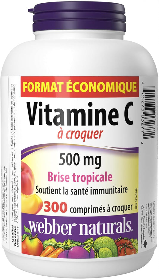 Webber Naturals Vitamin C Chewable 500 mg, 300 Tropical Breeze Flavour Tablets, For Bones, Teeth, Immune and Antioxidant Health