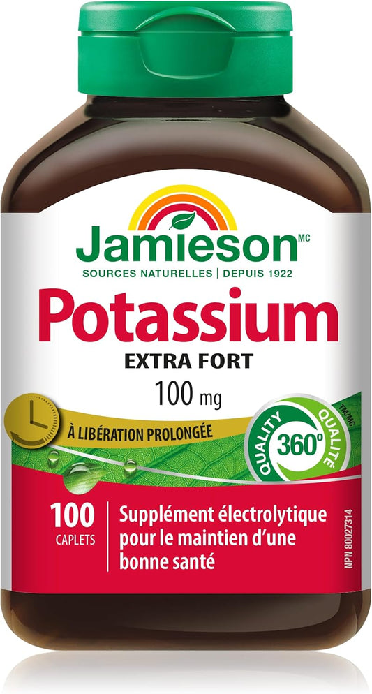 Jamieson 強效鉀 100 毫克緩釋片，支持肌肉和神經功能，補充電解質，有助於預防鉀缺乏症。素食，無麩質，100 粒膠囊，加拿大製造