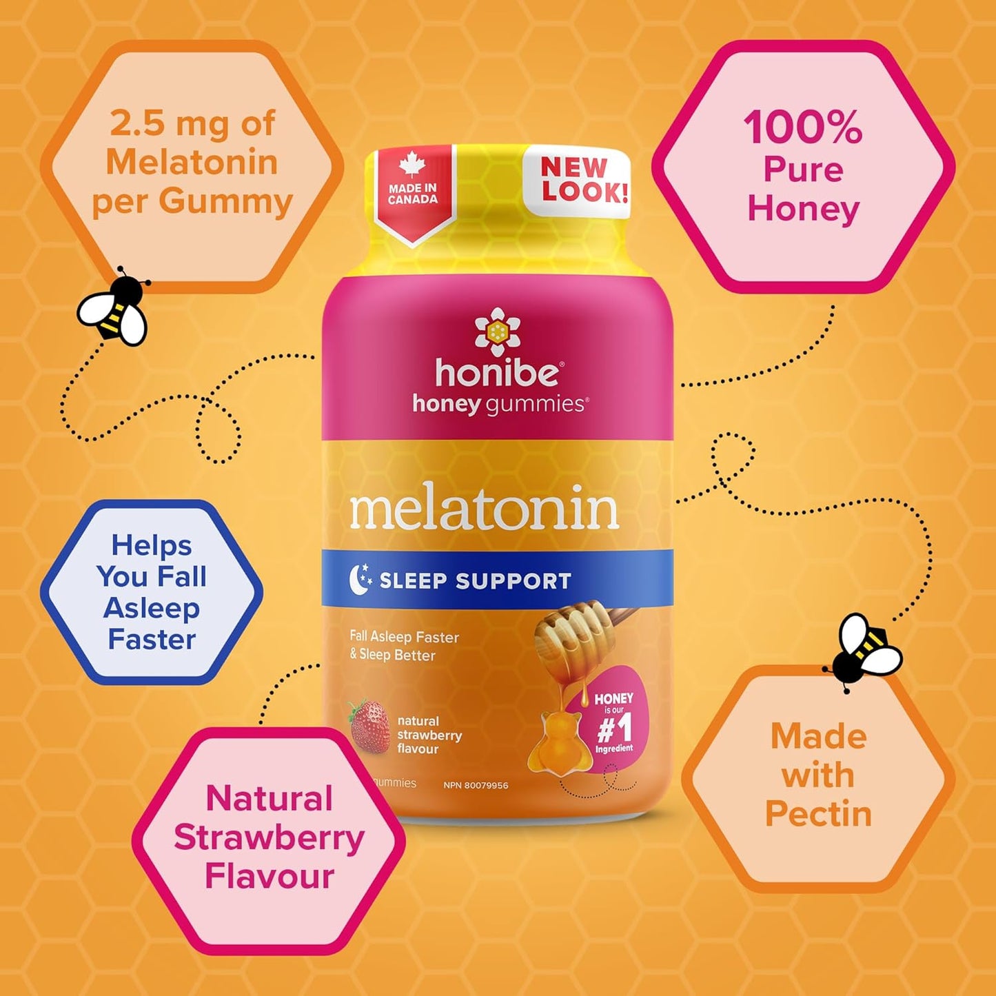 Honibe 褪黑素睡眠支持软糖 | 加拿大制造的蜂蜜软糖 | 夜间睡眠辅助 | 天然睡眠辅助剂，有助于缓解压力 | 褪黑素软糖有助于支持健康的睡眠辅助 | 睡眠软糖 | 70 粒软糖