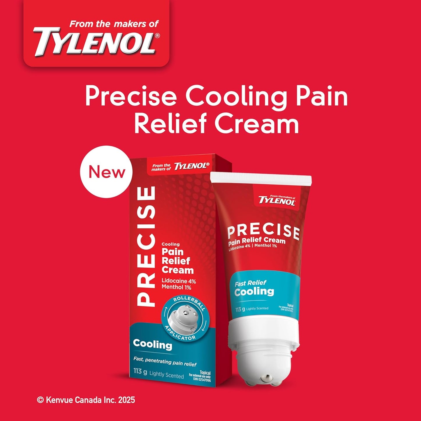 Precise Cooling Pain Relief Cream from the Makers of Tylenol, 4% Lidocaine & 1% Menthol, Fast, Effective Pain Relief, Light Scent, 113 g