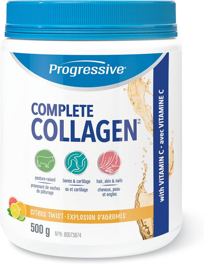 Progressive 柑橘味全效膠原蛋白，加拿大製造，有益於頭髮、皮膚、指甲和關節健康。草飼非基因，富含抗氧化劑，經維生素C水解，促進吸收，500克