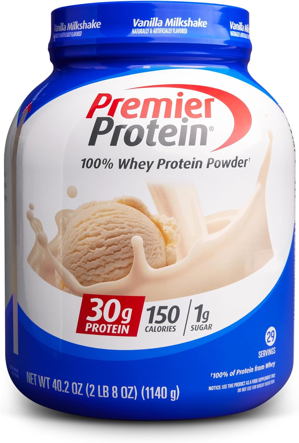 Premier Protein Protein Powder, 30g Protein, 1g Sugar, 100% Whey Protein, No Soy Ingredients, Gluten Free, Vanilla Milkshake, 29 Servings, 40.2oz