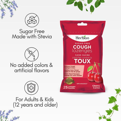 Herbion Naturals 无糖止咳润喉糖，天然樱桃味，25 粒润喉糖 - 缓解咳嗽和鼻塞；舒缓咽喉痛；适用于成人和 12 岁及以上儿童