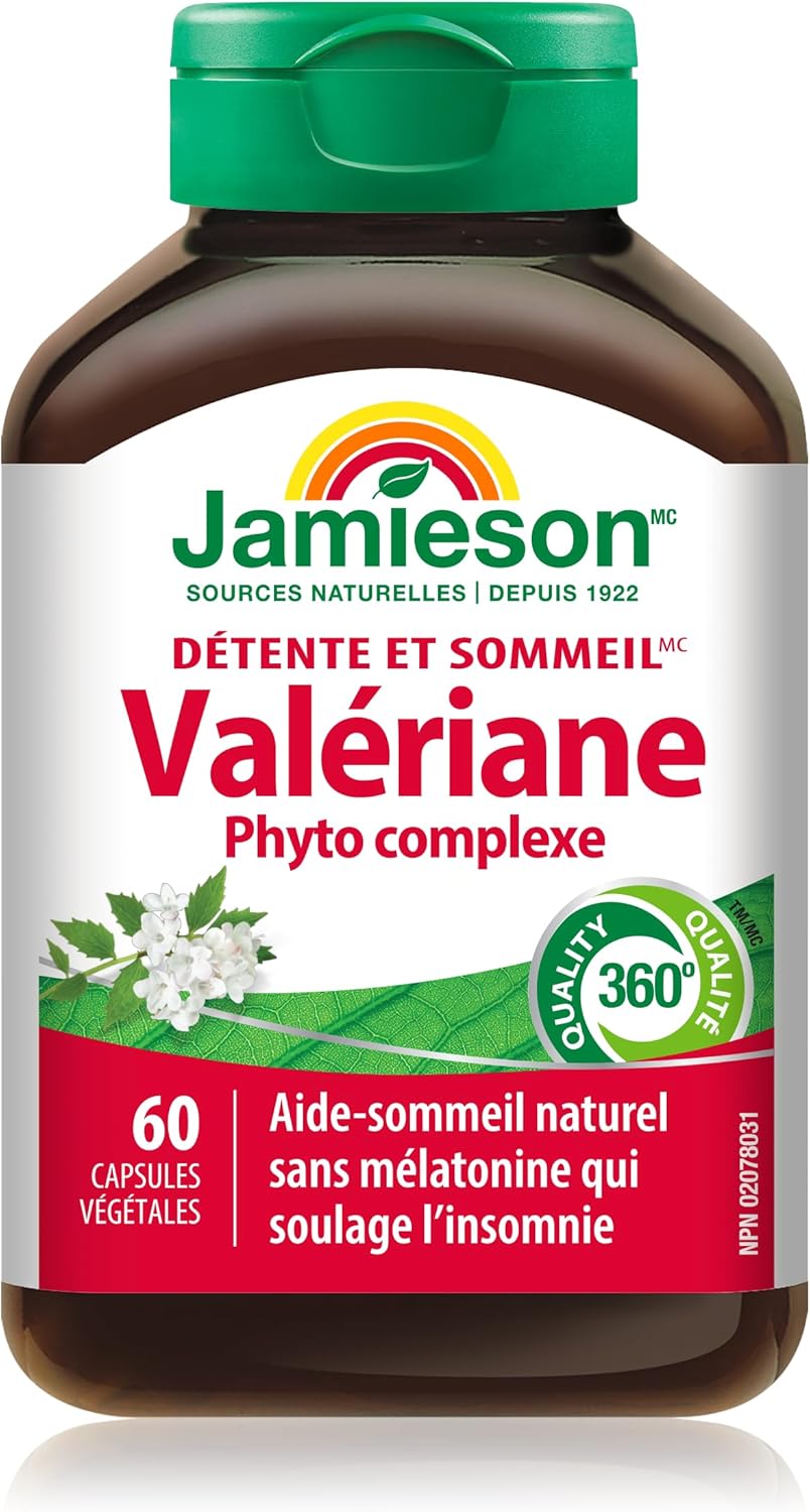 Jamieson 舒缓睡眠草本复合物，含缬草、西番莲和啤酒花，不含褪黑素。天然助眠镇静成分，非转基因，无麸质，60粒素食胶囊，加拿大制造