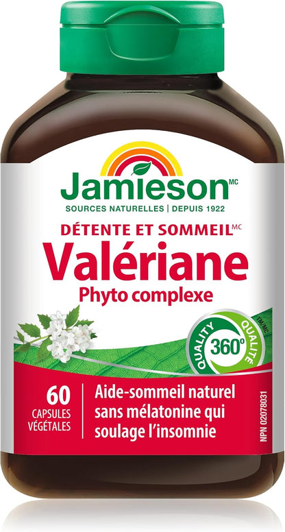 Jamieson 舒缓睡眠草本复合物，含缬草、西番莲和啤酒花，不含褪黑素。天然助眠镇静成分，非转基因，无麸质，60粒素食胶囊，加拿大制造