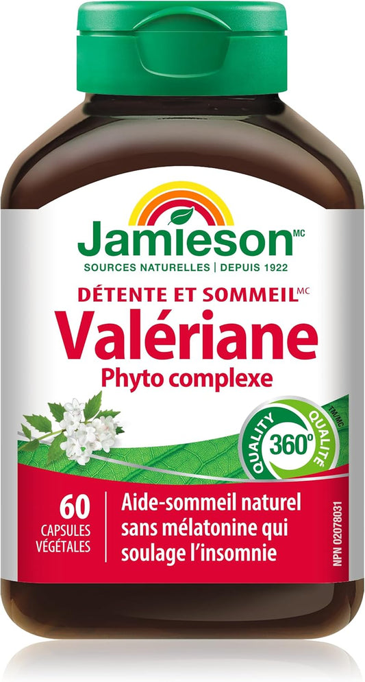 Jamieson Relax and Sleep Herbal Complex, with Valerian, Passionflower, and Hops, Melatonin-Free. Natural Sleep Aid, and Calming, Non-GMO, Gluten-Free, 60 Vegetarian Capsules, Proudly Canadian