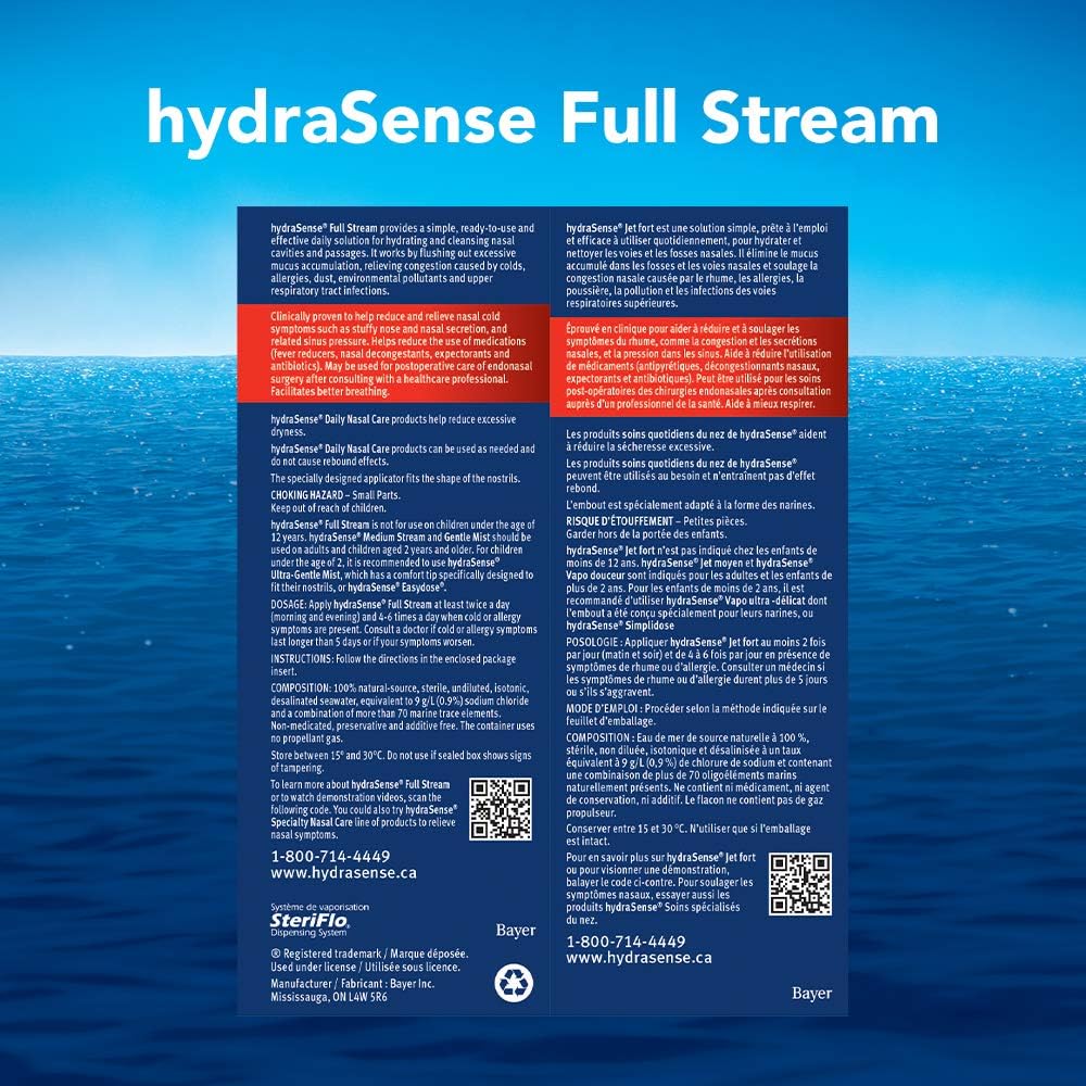 HydraSense 全流鼻喷雾剂，日常鼻腔护理，100% 天然海水，不含防腐剂，100 毫升