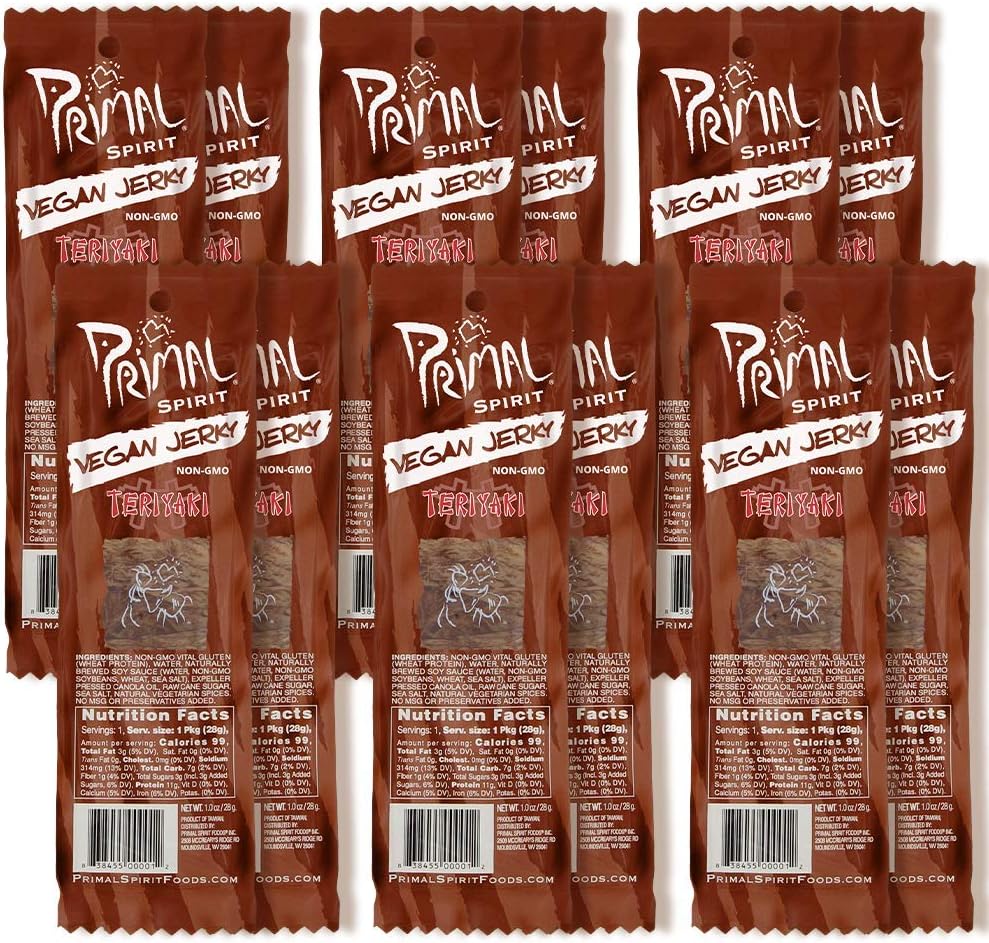 Primal Spirit Vegan Jerky - Classic Flavor - Teriyaki, Plant Based Protein, Certified Non-GMO, No Preservatives (12 Pack, 1 oz)