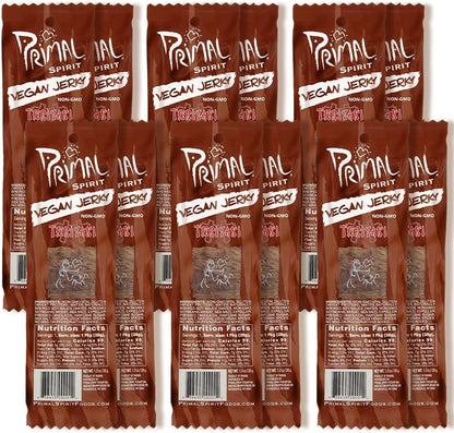 Primal Spirit Vegan Jerky - Classic Flavor - Teriyaki, Plant Based Protein, Certified Non-GMO, No Preservatives (12 Pack, 1 oz)